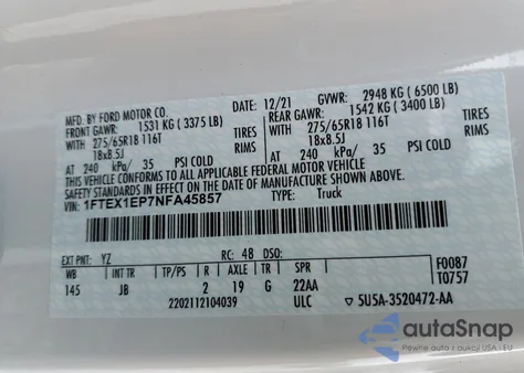 2022 Ford F150 Super Cab из США, поврежденный, VIN 1FTEX1EP7NFA45857